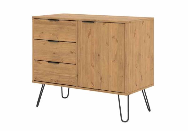 Small Sideboard with 1 Door, 3 Drawers - Pine/Metal/MDF - 90 x 43 x 73.6 cm - Antique Waxed Pine/Black