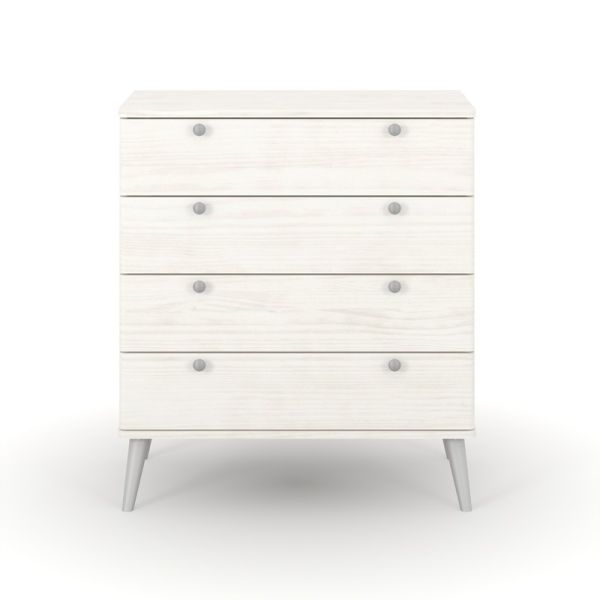 Augusta Curve 4 Drawer Chest - Pine/Plastic - L39.5 x W76.5 x H90.3 cm - White/Silver - Flat Packed