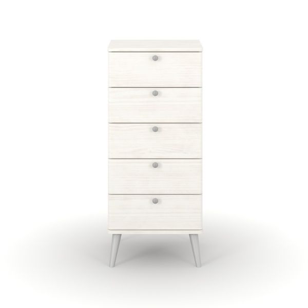 Augusta Curve 5 Drawer Narrow Chest - Pine/Plastic - L39.5 x W45 x H90.3 cm - White/Silver - Flat Packed