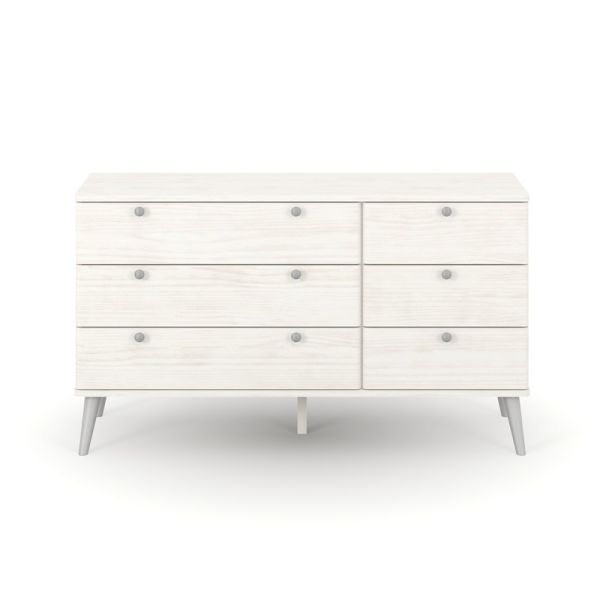 Augusta Curve 3+3 Drawer Wide Chest - Pine/Plastic - L39.5 x W119.3 x H73.6 cm - White/Silver - Flat Packed