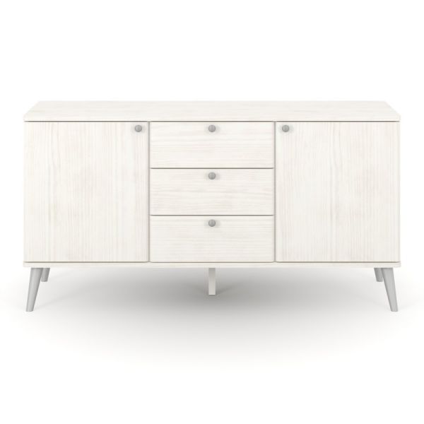 Augusta Curve Medium Sideboard with 2 Doors, 3 Drawers - Pine/Plastic - L43 x W130.6 x H73.6 cm - White/Silver - Flat Packed