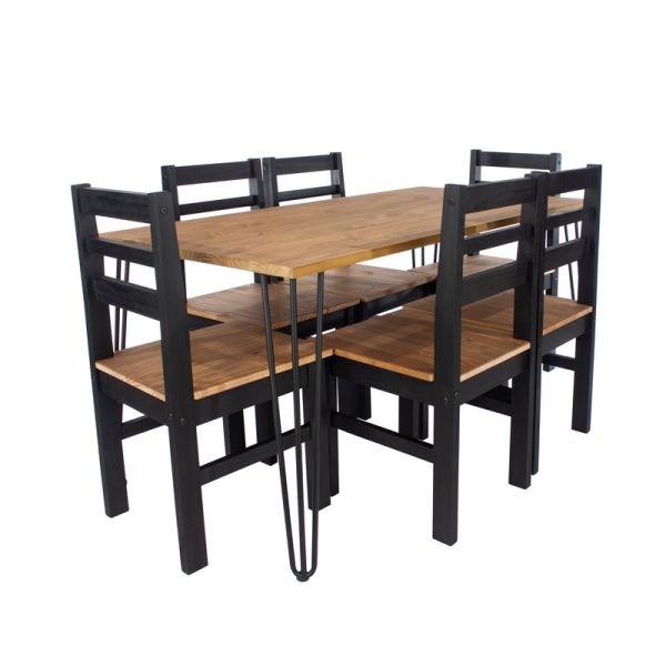 Augusta Large Round Dining Table with 6 Linea Ladder Back Chairs - MDF - Antique Waxed Pine/Black - Flat Packed