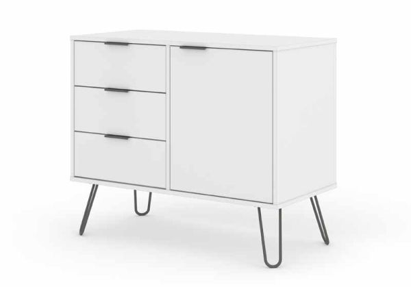 Small Sideboard with 1 Door, 3 Drawers - Manufactured Wood Fibre Board/Metal - 90 x 43 x 73.6 cm - White 