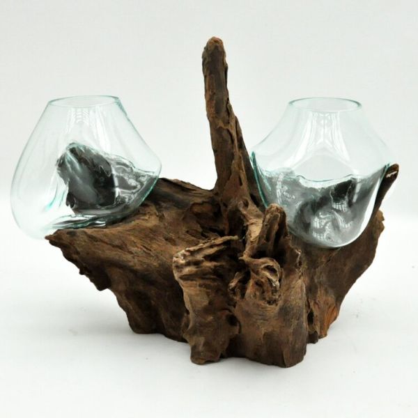 Double Vase on Teak Root Stand - Large - Blown Glass/Wood - L50 x W50 x H70 cm