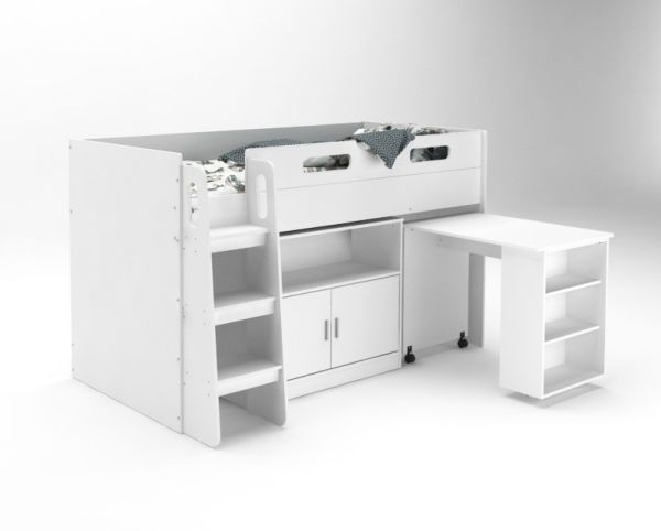 Kudl - Storage Mid Sleeper 01 Children's Bed with Desk and Cupboard - MFC/Wood - L98.6 x W195 x H120 cm - White