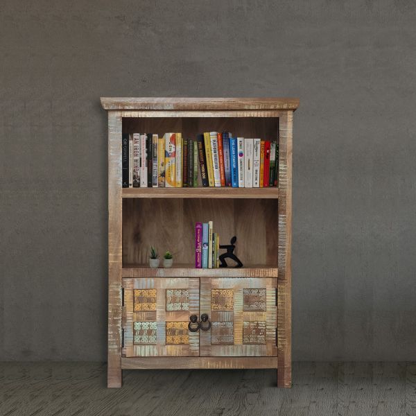 Aravali 2 Door Small Bookcase - Mango Wood - L35 x W85 x H123 cm - Distressed Finish