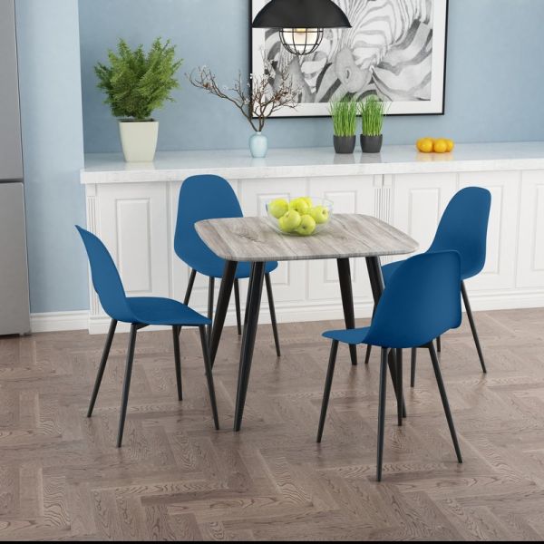 Aspen Tapered Legs Square Dining Table and 4 Curve Plastic Seat Chairs with Metal Legs - Grey Oak/Blue/Black - Flat Packed