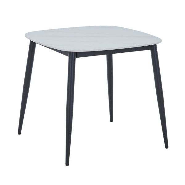 Square Dining Table with Gloss White Top and Black Tapered Legs - Sintered Stone/Metal - L80 x W80 x H73 cm - Flat Packed