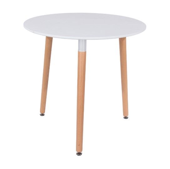 Round Dining Table, White Mdf With Beech Legs