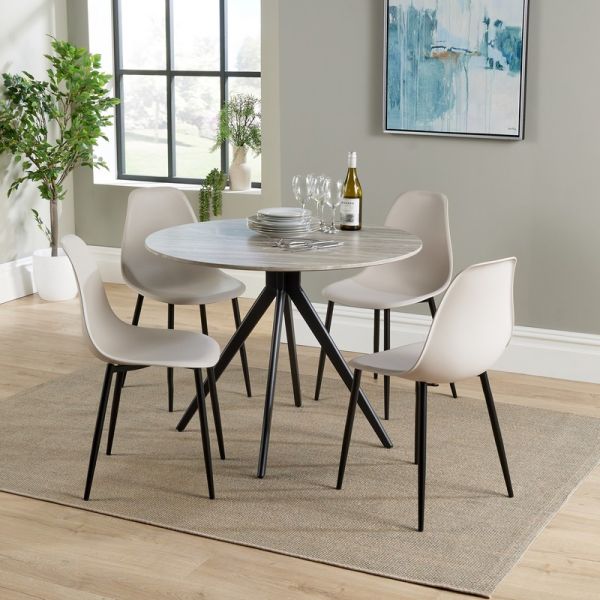 Aspen Round Dining Table and 4 Curve Plastic Seats Chairs with Metal Legs - Grey Oak/Calico/Black - Flat Packed
