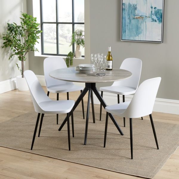 Aspen Round Dining Table and 4 Duo Plastic Seats Chairs with Metal Legs - Grey Oak/White/Black - Flat Packed