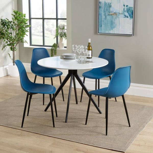 Aspen Round Dining Table and 4 Curve Plastic Seat Chairs with Metal Legs - Blue/Black/White - Flat Packed