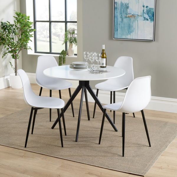Aspen Round Dining Table and 4 Curve Plastic Seat Chairs with Metal Legs - White/Black - Flat Packed