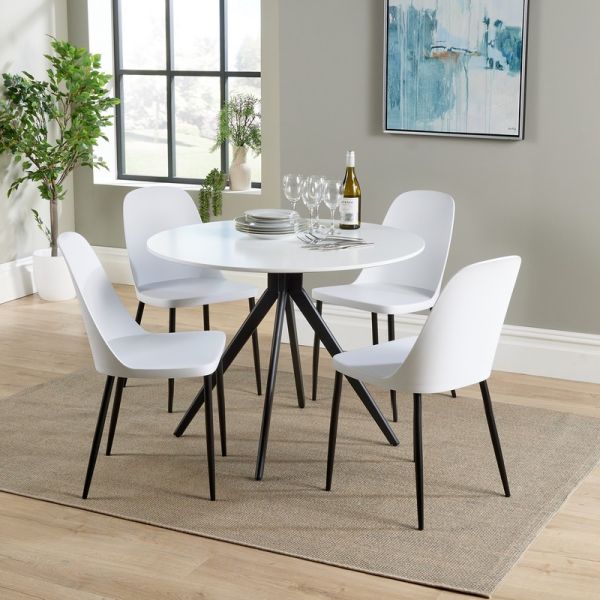 Aspen Round Dining Table and 4 Duo Plastic Seat Chairs with Metal Legs - White/Black - Flat Packed
