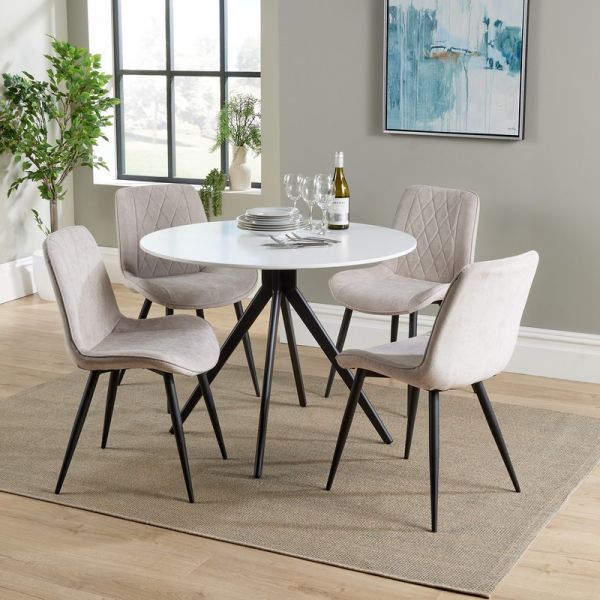 Aspen Round Dining Table with 4 Diamond Stitch Fabric Dining Chairs - Natural/Black/White - Flat Packed