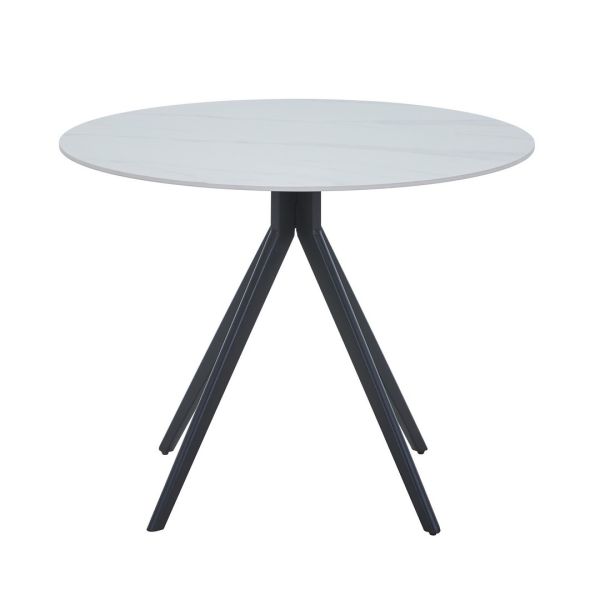 Round Dining Table in White with Black Pedestal Leg - Sintered Stone/Metal - L100 x W100 x H75 cm - Flat Packed