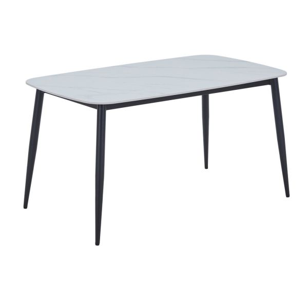 Rectangular Dining Table in Gloss White with Black Legs - Sintered Stone/Metal - L80 x W140 x H75 cm - Flat Packed