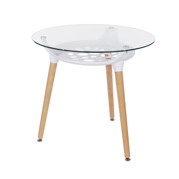 Aspen Round Clear Glass Top Table With White Plastic Underframe & Wooden Legs 