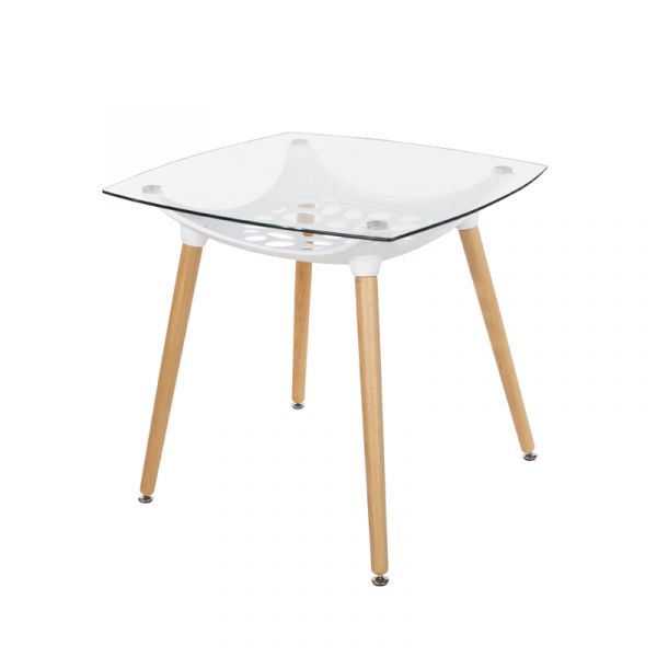 Aspen Square Clear Glass Top Table With White Plastic Underframe & Wooden Legs 