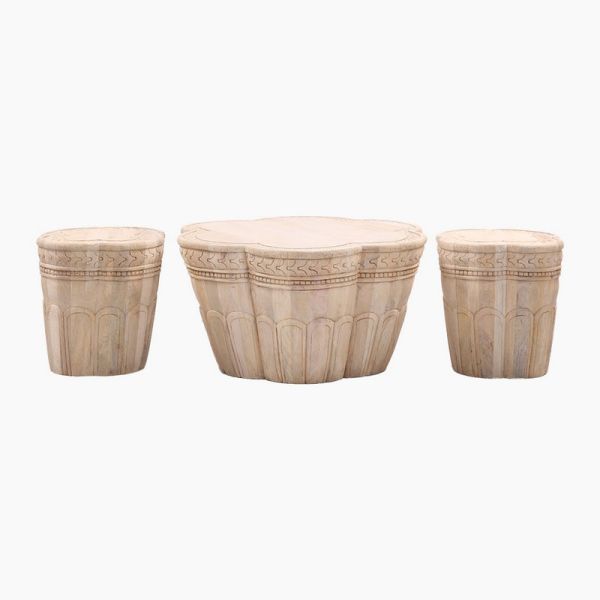 Willow Carved Coffee End Tables (Set of 2) - Mango Wood - Natural