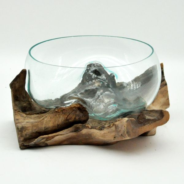 Fruit Bowl in Teak Root Stand - Medium - Blown Glass/Wood - L45 x W45 x H30 cm