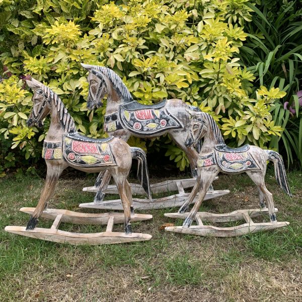 Set of 3 Rocking Horse Ornament Wood L20 x W50 x H50 cm White