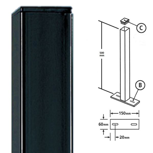 Square Flat Top Bolt-Down Blank Post, Any Railings - Solid Steel - L50 x W50 x H500 mm - Electro Galvanised/Black Powder Coated