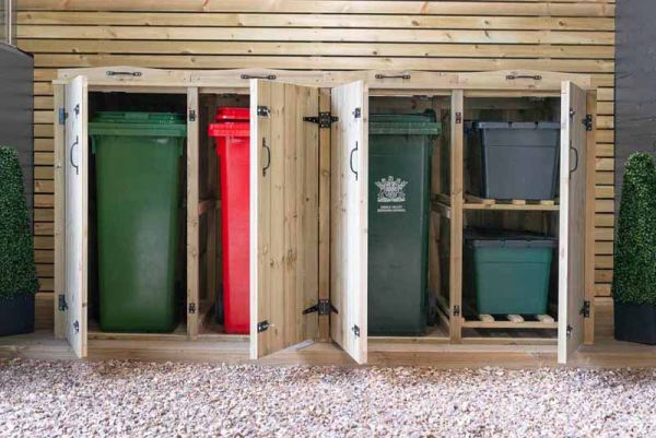 3 Wheelie Bin/2 Recycle Box Store - L80.4 x W273 x H120 cm - Timber