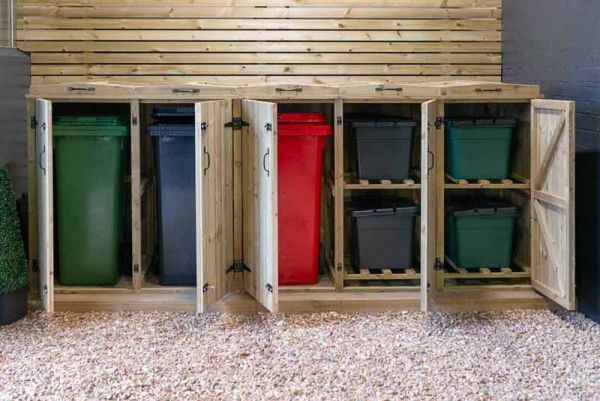 3 Wheelie Bin/4 Recycle Box Store - L80.4 x W330 x H120 cm - Timber