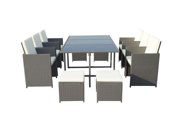 Cannes 10 Seater Cube Set - Steel/Synthetic Rattan - H72 x W166.5 x L110 cm - Grey