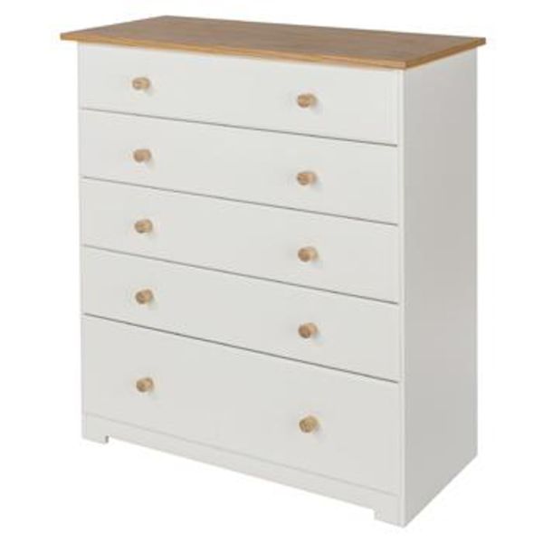 Colorado 5 Drawer Chest - MDF/MDP - 80 x 38 x 96.4 cm - Soft White/Oak