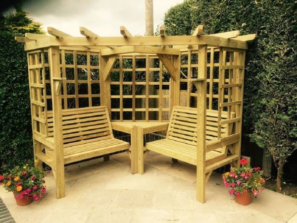 Clementine Corner Garden Arbour - 4 Seat, Timber Pergola - 2 Bench & Coffee Table - L150 x W290 x H205 cm - Min. Assembly Required