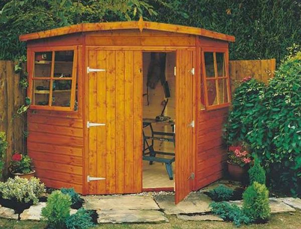 10 x 10 Feet Corner Shed Double Doors Tongue and Groove Garden Shed Workshop - Honey Brown Timber Basecoat