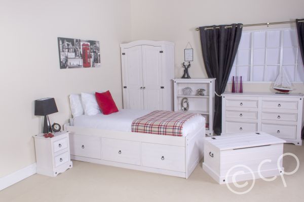 Corona White Bedside Cabinet, Chest of Drawers And Wardrobe Set