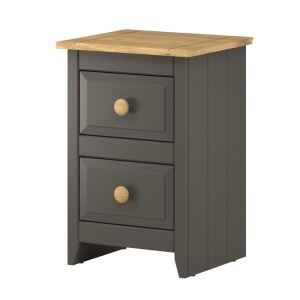 2 Drawers Petite Bedside Cabinet Solid Top - MDF/Pine - 36 x 32 x 53.2 cm - Carbon Grey /Antique Waxed Pine