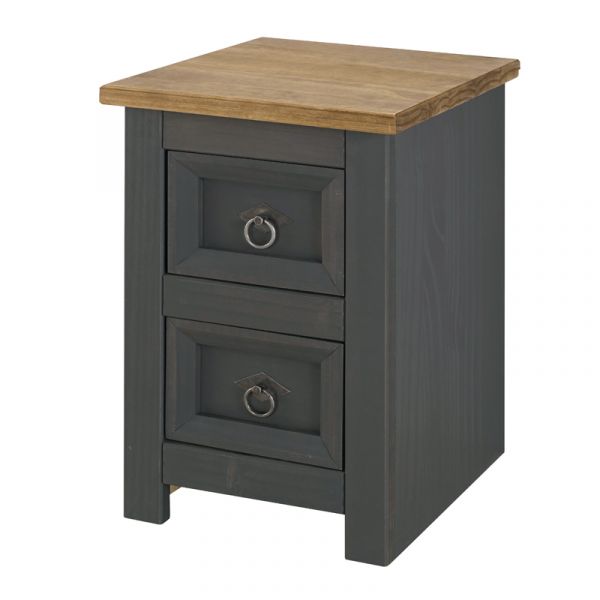 Corona Carbon Grey Washed & Antique Waxed Pine 2 Drawer Petite Bedside Cabinet