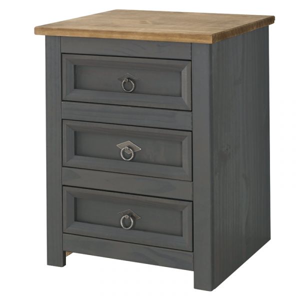 Corona Carbon Grey Washed & Antique Waxed Pine 3 Drawer Bedside Cabinet