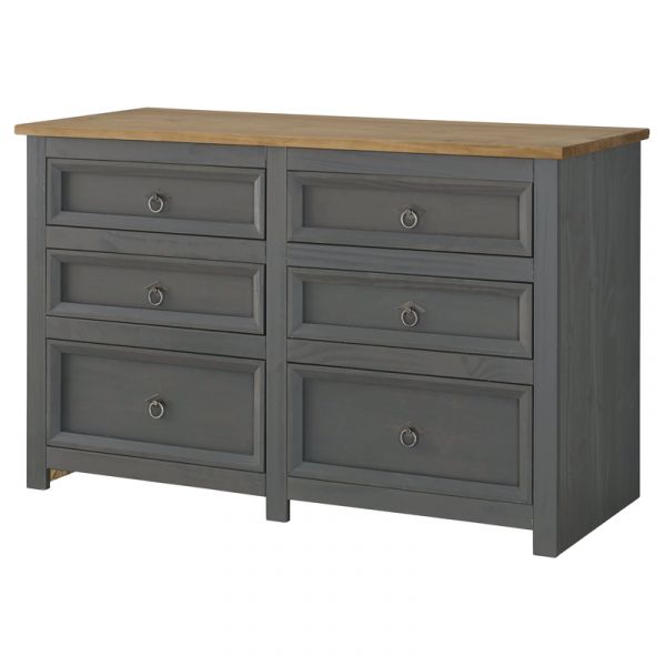 Corona Carbon Grey Washed & Antique Waxed Pine 3+3 Drawer Wide Chest