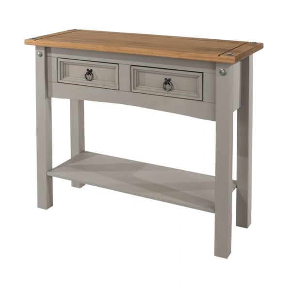 Corona Grey Washed Effect Pine 2 Drawer Hall Table With Shelf