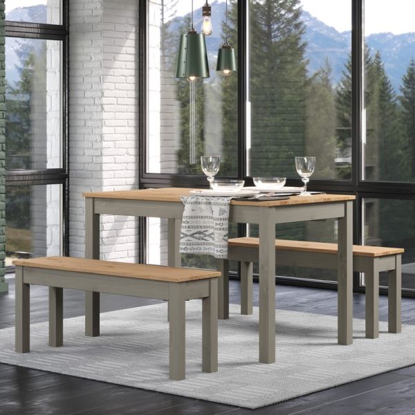 Linea 1500 mm Large Rectangular Dining Table with Bench (Set of 2) - Antique Waxed Pine/Grey - Flat Packed