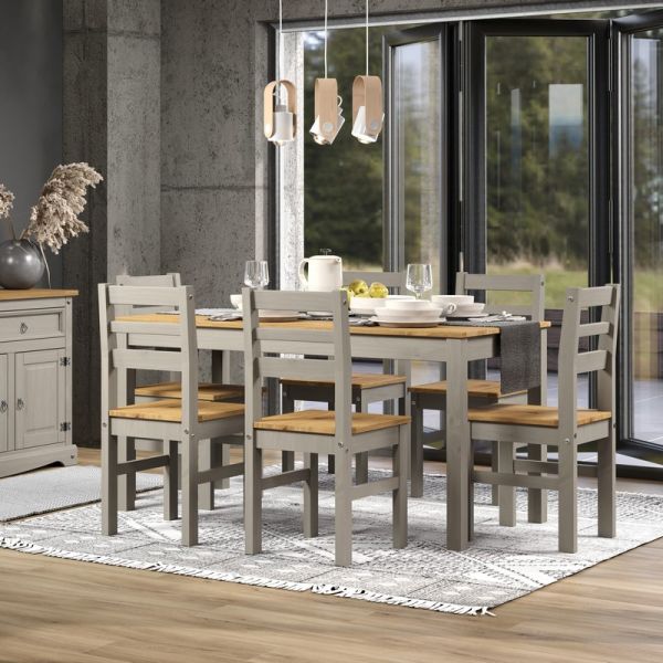 Linea 1500 mm Large Rectangular Dining Table with 6 Corona Dining Chairs - Antique Waxed Pine/Grey - Flat Packed