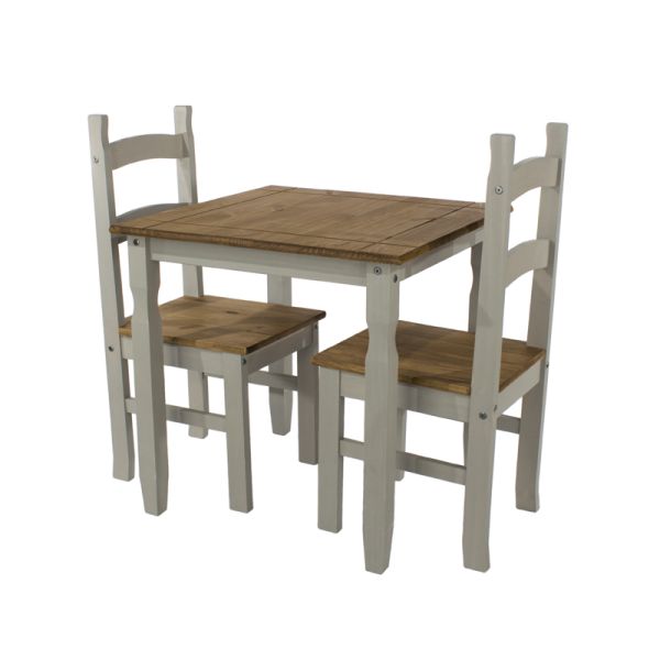 Corona Square Small Dining Table and 2 Chair Set - Pine - 75 x 75 x 75 cm - Grey Wax/Antique Waxed Pine