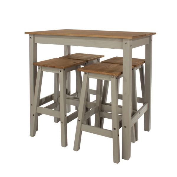 Linea Breakfast Table and 4 High Stool Set - Pine - Grey/Antique Waxed Pine - Flat Packed