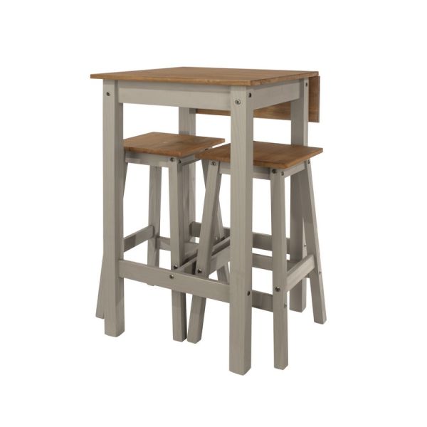 Linea Drop Leaf Breakfast Table and 2 High Stools Set - Pine - Grey/Antique Waxed Pine - Flat Packed