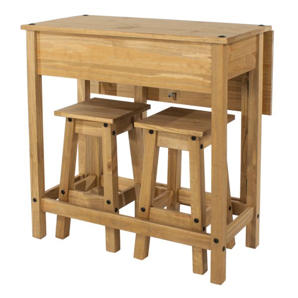 Corona Breakfast Drop Leaf Table and 2 Stools Set - Pine - 80 x 40-72 x 84 cm - Antique Waxed Pine