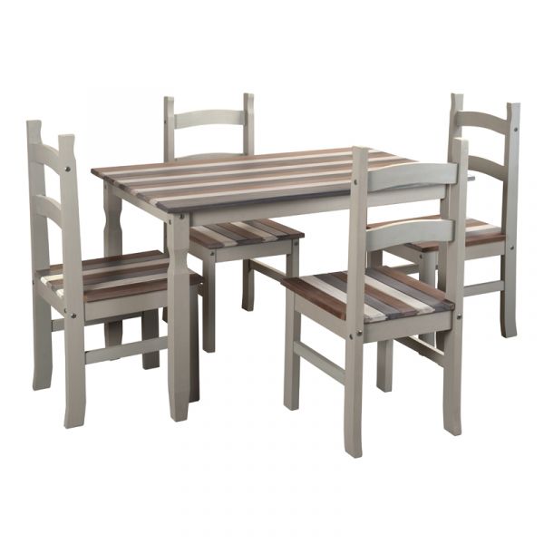 Corona Vintage Mixed Colour Top & Grey Waxed Pine Rectangular Dining Table & 4 Chair Set