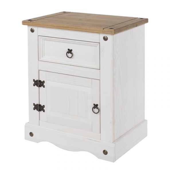 Corona White Washed & Waxed Effect Pine 1 Door, 1 Drawer Bedside Cabinet 