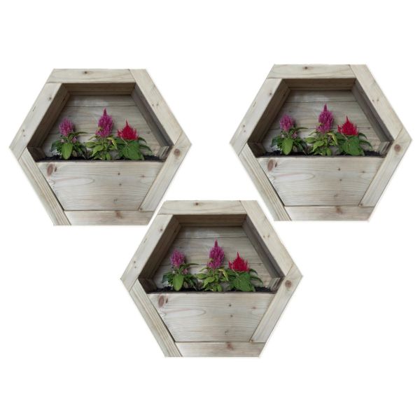 Large Hanging Wooden Hexagon Wall Planter (Set of 3) - L16 x W54 x H47 cm - Fully Assembled