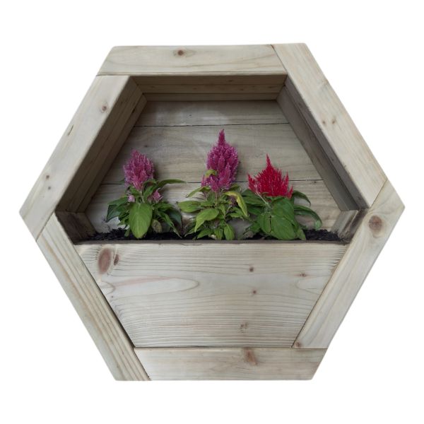 Large Hanging Wooden Hexagon Wall Planter - L16 x W54 x H47 cm - Fully Assembled