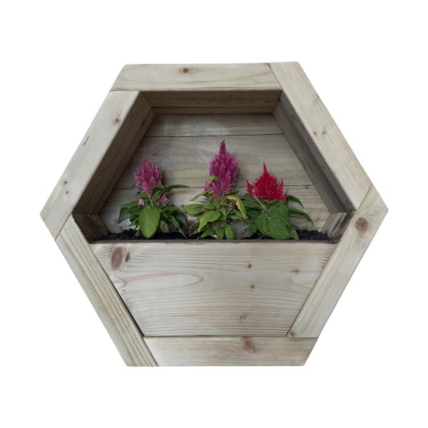 Medium Hanging Wooden Hexagon Wall Planter - L16 x W44 x H38 cm - Fully Assembled